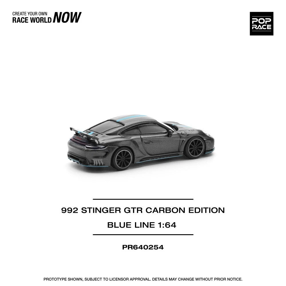 Pop Race 1/64 #254 Porsche 992 Stinger GTR Blue Strip Carbon Edition