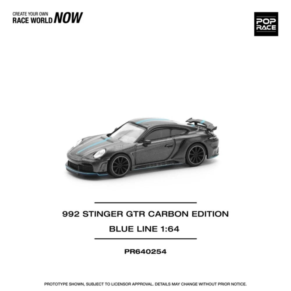 Pop Race 1/64 #254 Porsche 992 Stinger GTR Blue Strip Carbon Edition